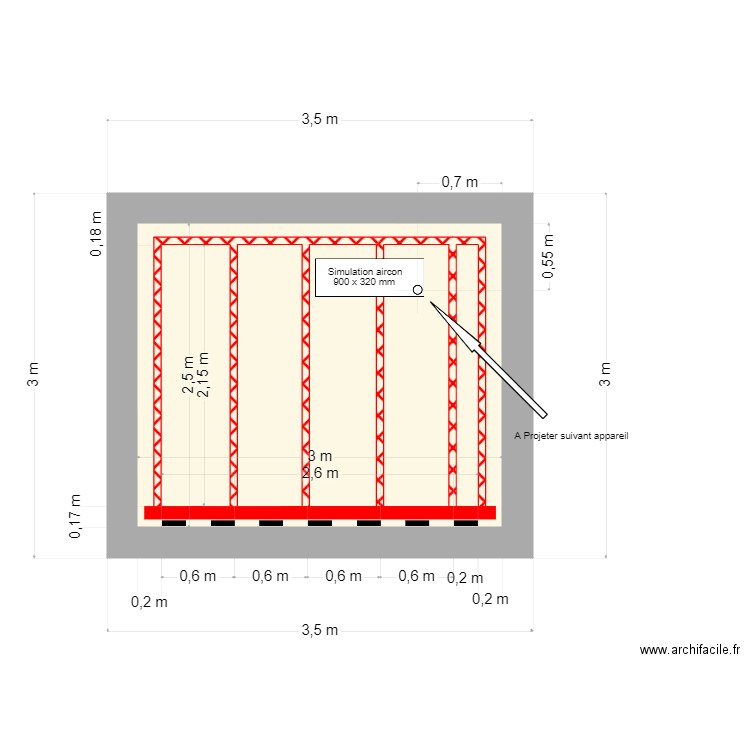 studio P6 position coring aircon. Plan de 1 pièce et 7 m2