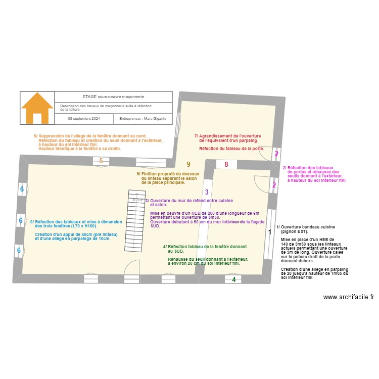 Etage descriptif travaux maçonnerie sous-œuvre. Plan de 2 pièces et 110 m2