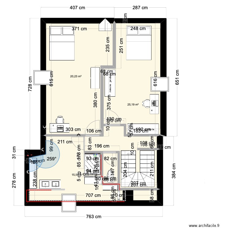 Comble v2. Plan de 4 pièces et 61 m2