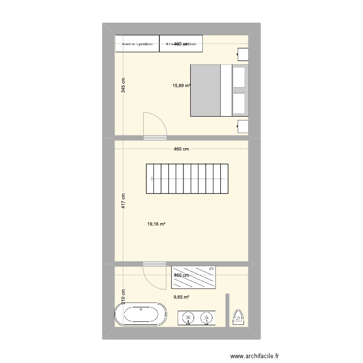 Herbeville Etage. Plan de 3 pièces et 45 m2