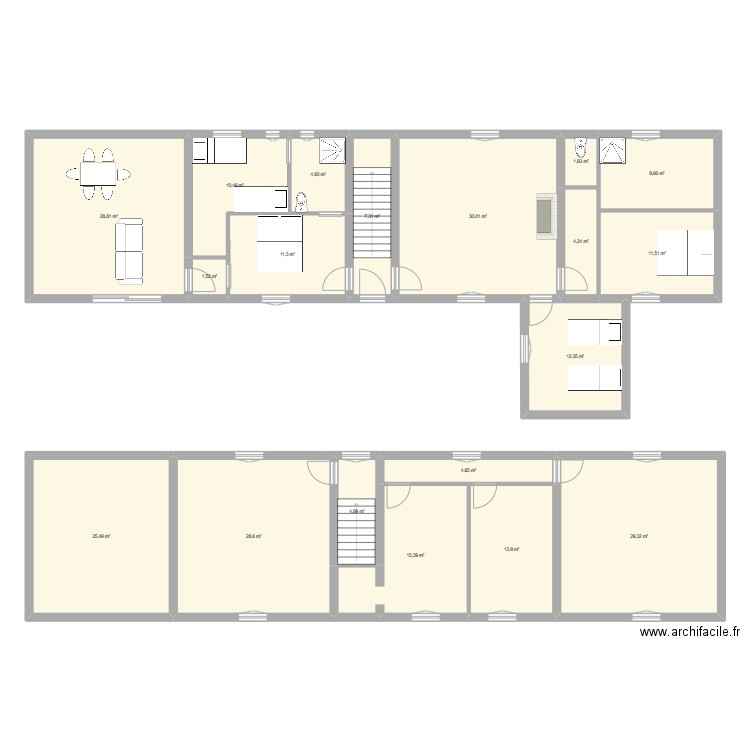 Plan initial RDC modif. Plan de 19 pièces et 256 m2