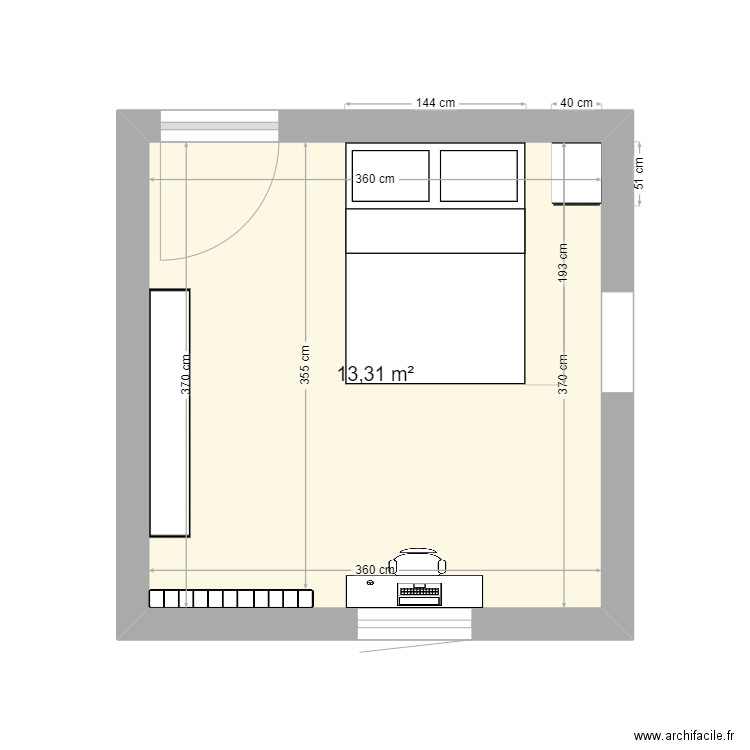 chambre. Plan de 1 pièce et 13 m2