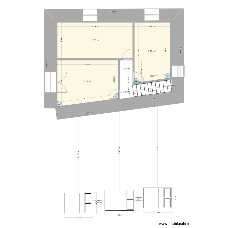 aiguilles 2 etage. Plan de 3 pièces et 35 m2