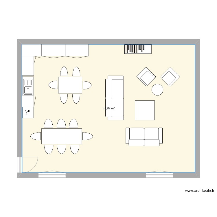 Cuisine /séjour. Plan de 1 pièce et 58 m2