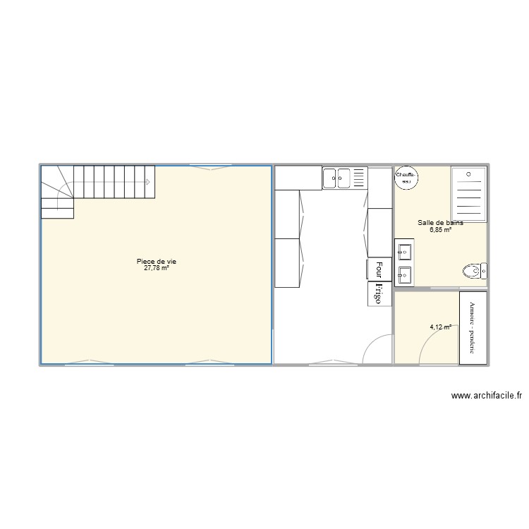 rez de chaussée. Plan de 2 pièces et 39 m2