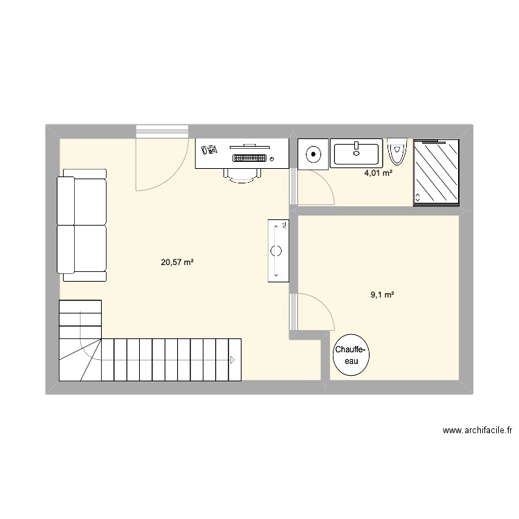 cave. Plan de 3 pièces et 34 m2