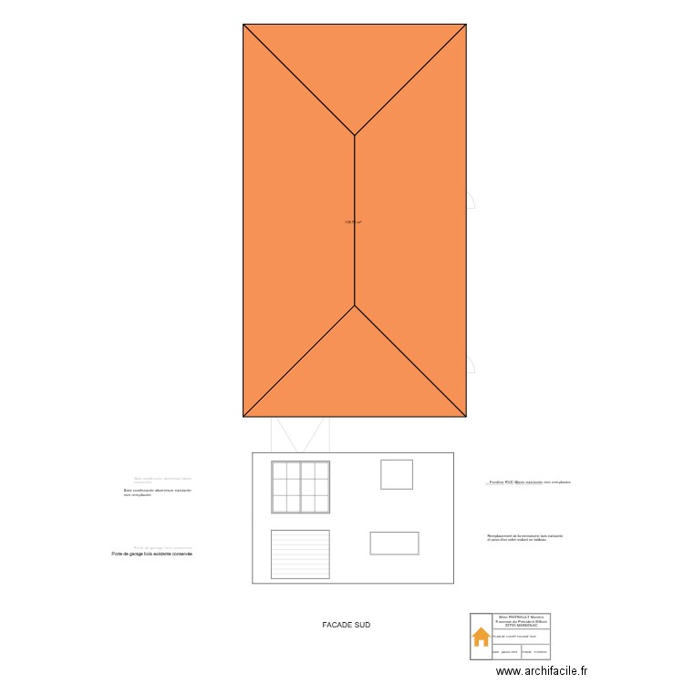 PLAN PAITRAULT Martine - FACADE SUD DETAILLEE. Plan de 2 pièces et 237 m2