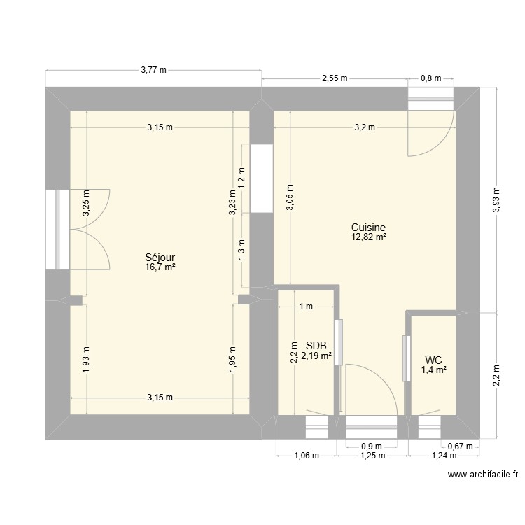 Maison du Theil rdc côtes. Plan de 5 pièces et 33 m2