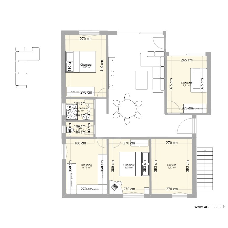 Appt 3. Plan de 7 pièces et 55 m2