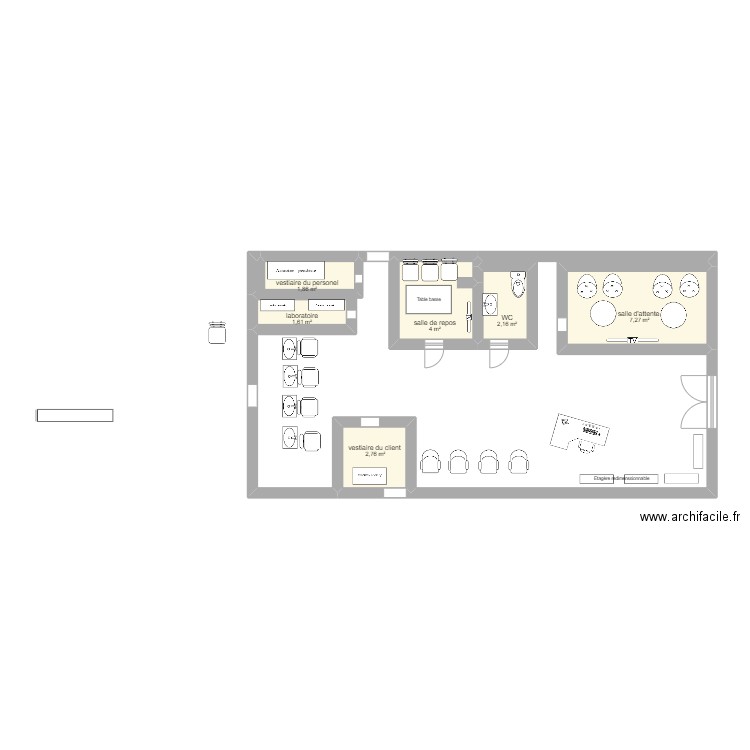 salon de coiffure. Plan de 6 pièces et 20 m2