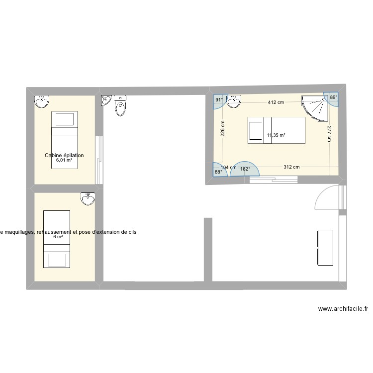 institut de 60m2 . Plan de 3 pièces et 23 m2