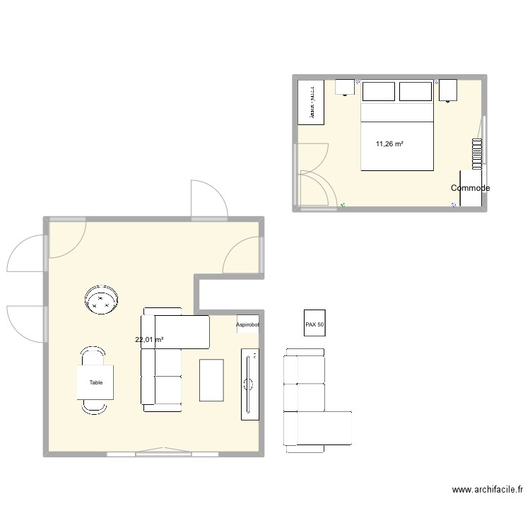 Chambre. Plan de 2 pièces et 33 m2