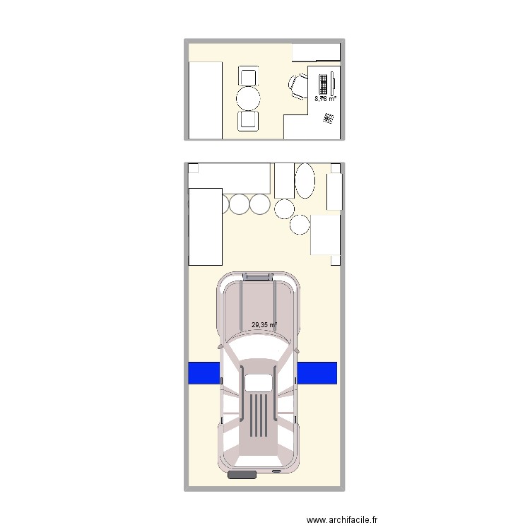 Garage et bureau. Plan de 2 pièces et 38 m2