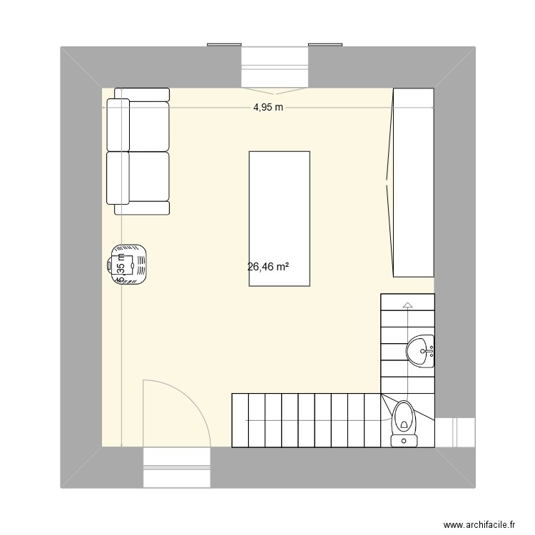 RDC. Plan de 1 pièce et 26 m2