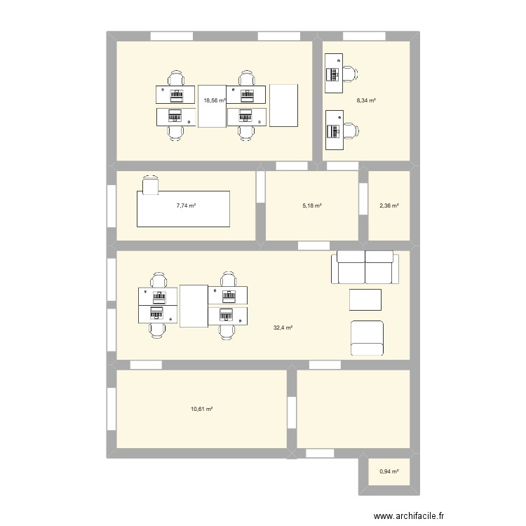 Workspace. Plan de 8 pièces et 86 m2