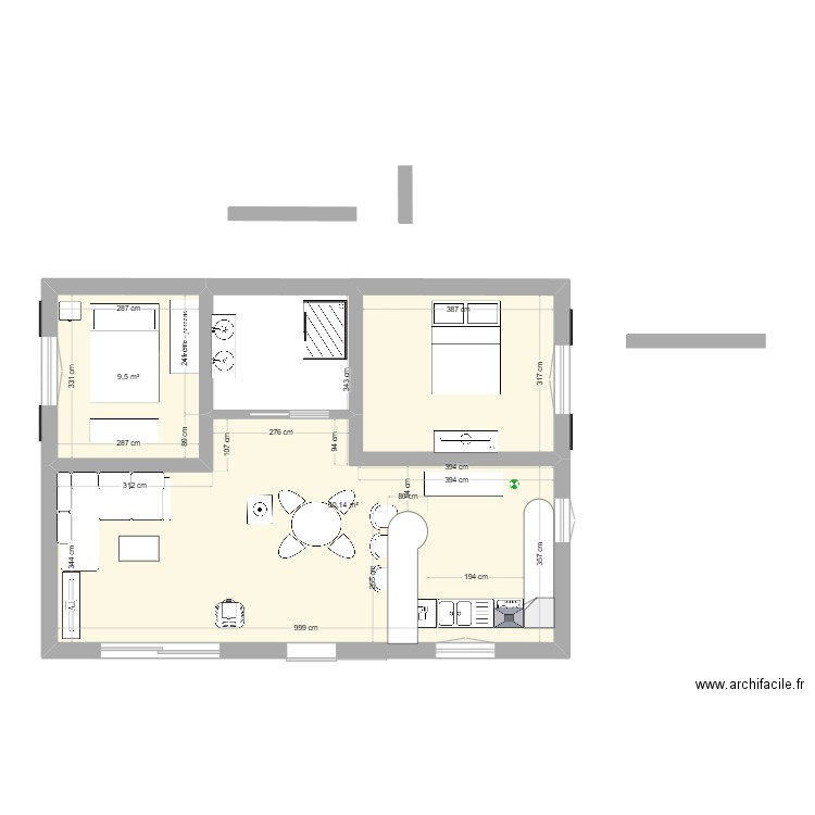 RDC. Plan de 2 pièces et 60 m2