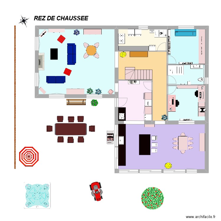 REZ DE CHAUSSEE meubles. Plan de 8 pièces et 128 m2