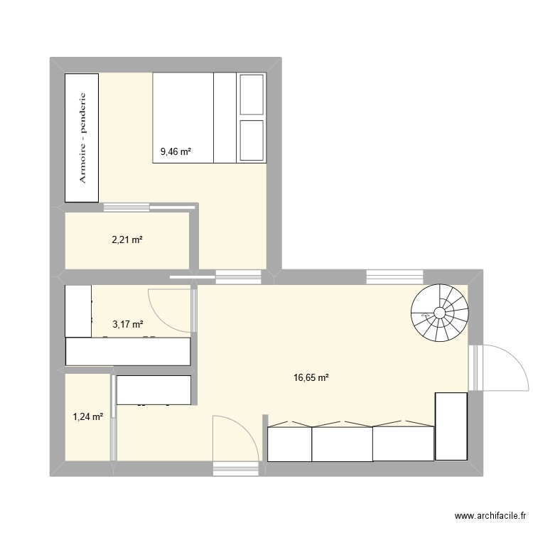 Hall maison fontaine. Plan de 5 pièces et 33 m2