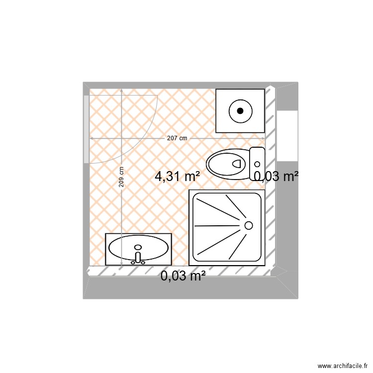 SDB Oullin. Plan de 3 pièces et 4 m2