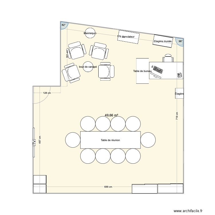 Showroom/salle de réunion. Plan de 1 pièce et 50 m2