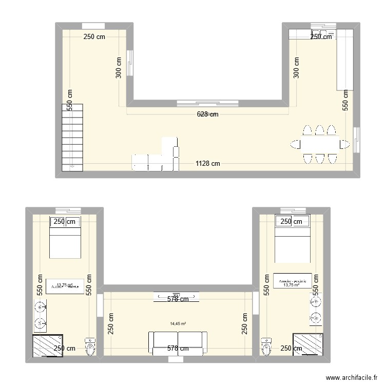 maison U . Plan de 4 pièces et 85 m2