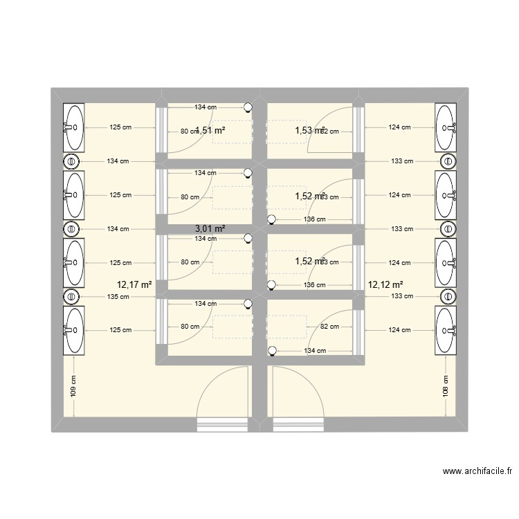 Toilettes Publique. Plan de 7 pièces et 33 m2