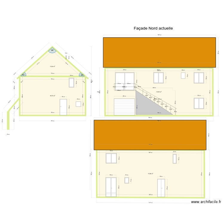 Plan de facade et toiture  . Plan de 4 pièces et 198 m2