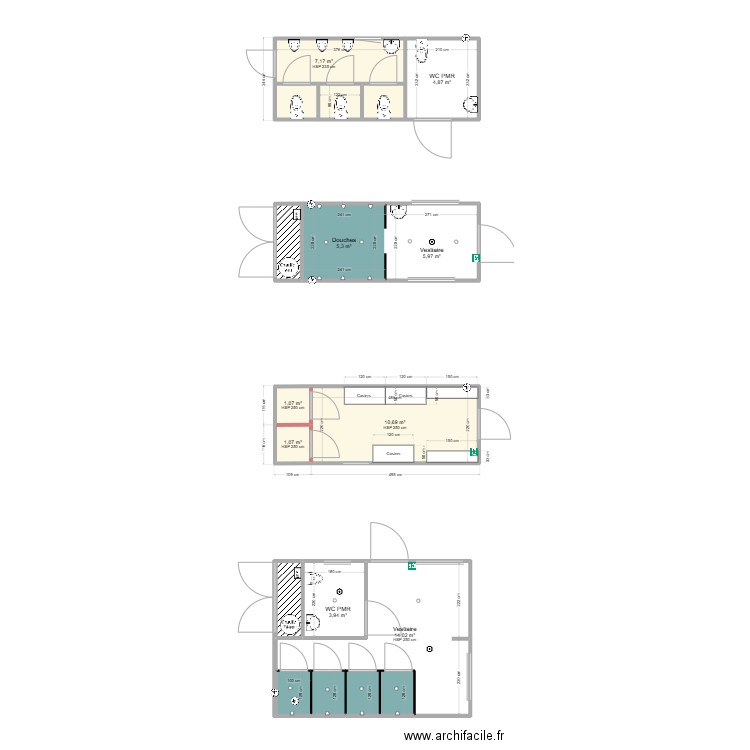 Vestiaire 14 m² avec casiers. Plan de 16 pièces et 64 m2