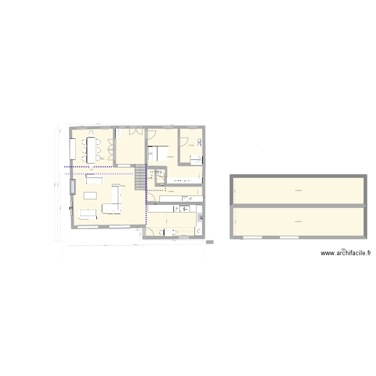 rdc jf2+ANNIE 177 m2 en L2 porte d'entrée decalée facade arriere. Plan de 7 pièces et 176 m2