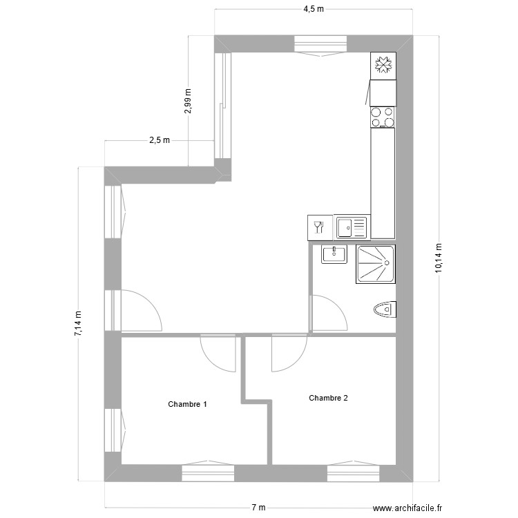 Projet avant extension. Plan de 4 pièces et 74 m2