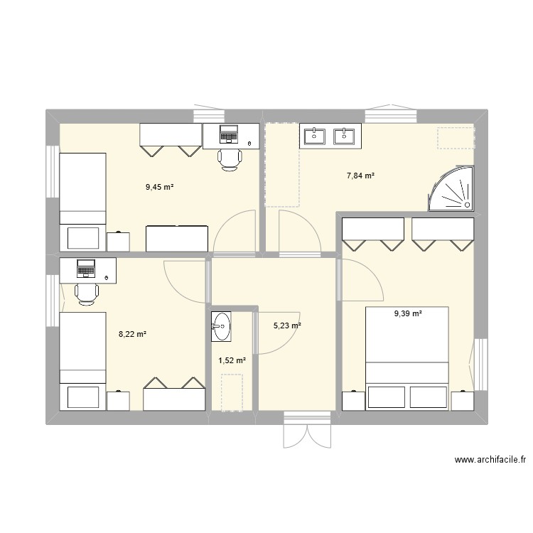 Coin nuit. Plan de 6 pièces et 42 m2