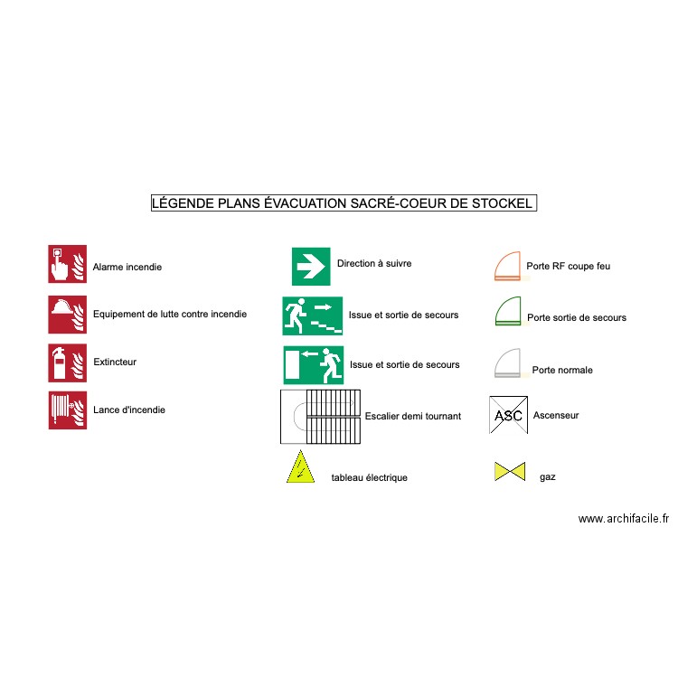 Légende plans évacuation Sacré-Coeur de Stockel . Plan de 0 pièce et 0 m2