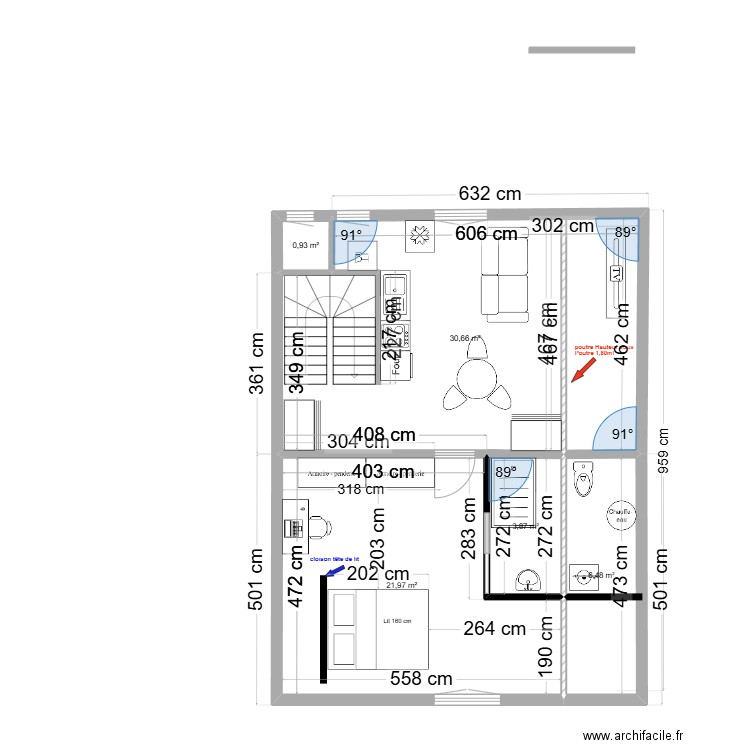 immeuble1 3ème V2 T2 sol c. Plan de 5 pièces et 64 m2