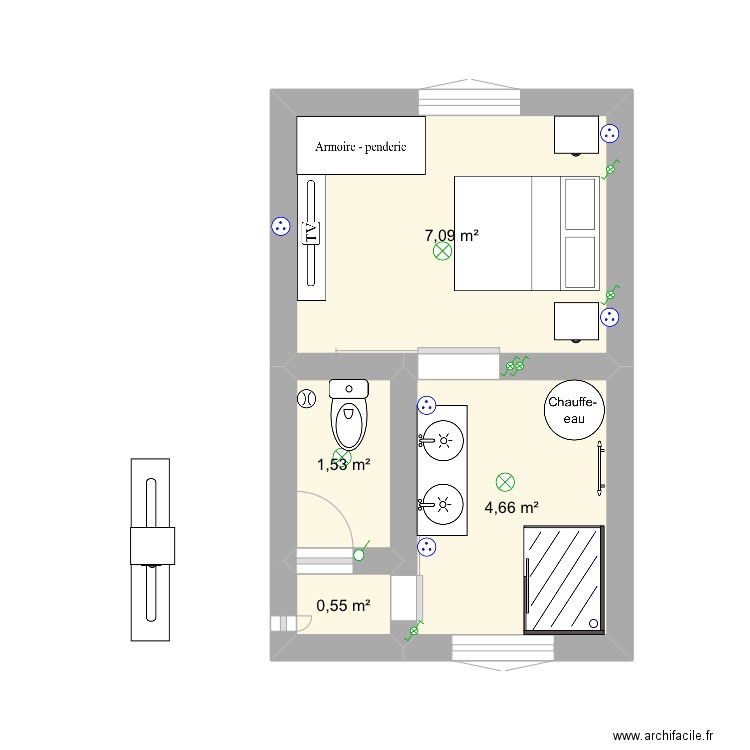 Chambre et salle de bain . Plan de 4 pièces et 14 m2