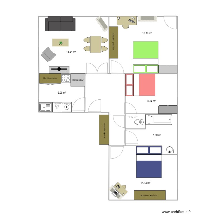 Coloc Vacquerie v0. Plan de 7 pièces et 68 m2