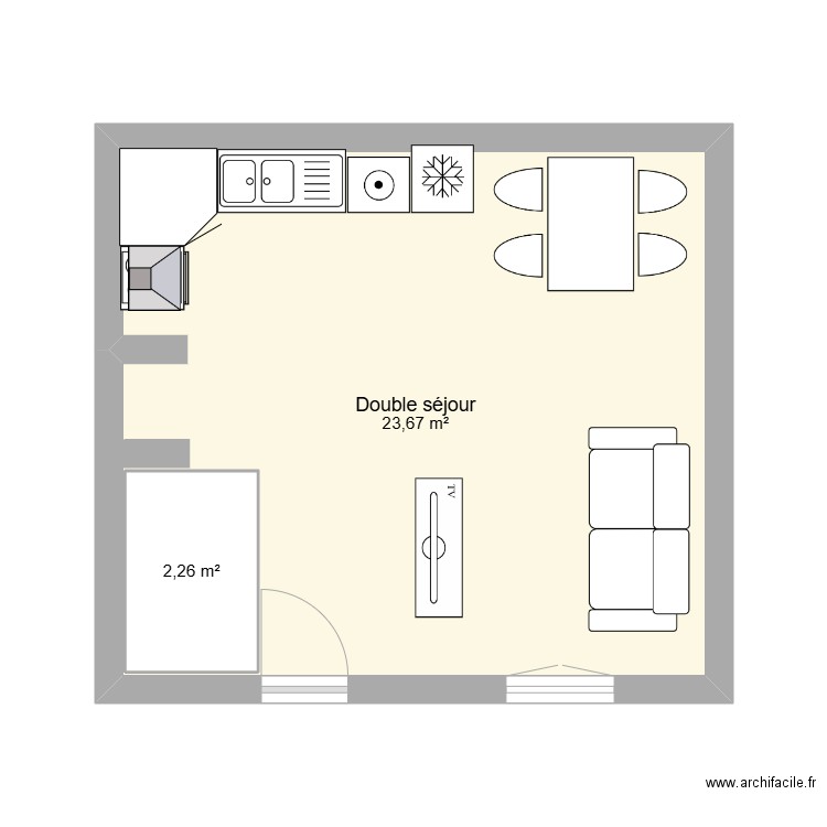 cuisine 1. Plan de 2 pièces et 28 m2