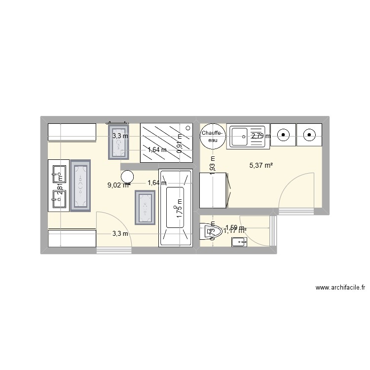 1° essai. Plan de 3 pièces et 16 m2