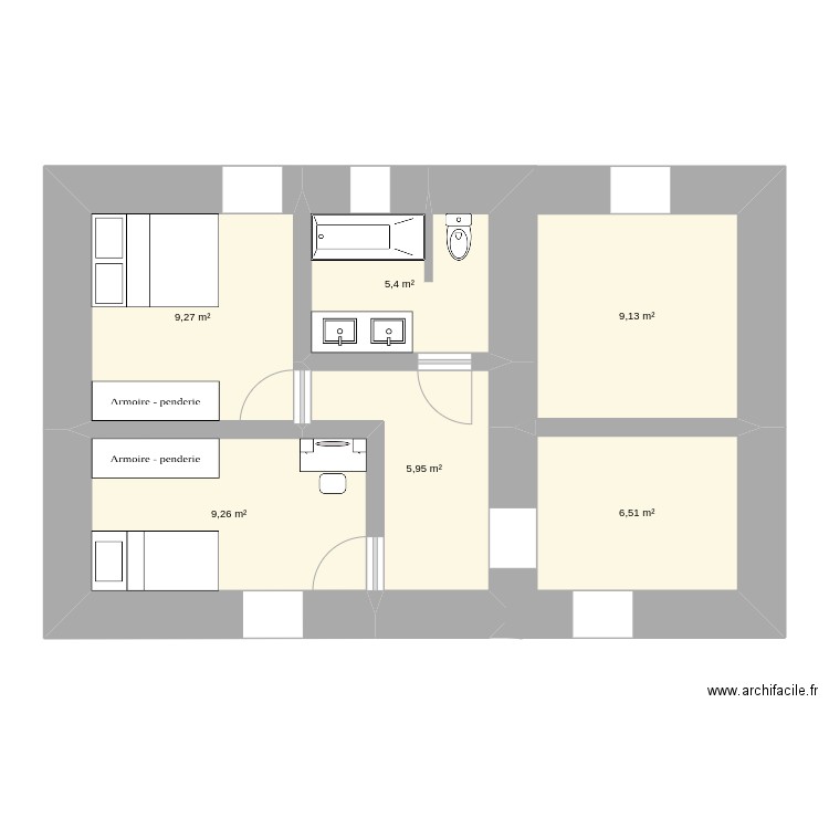 étage projet 1 maison. Plan de 6 pièces et 46 m2