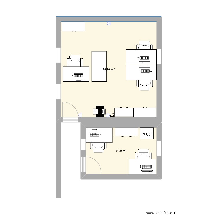 bureau cellule TA Landy. Plan de 2 pièces et 34 m2