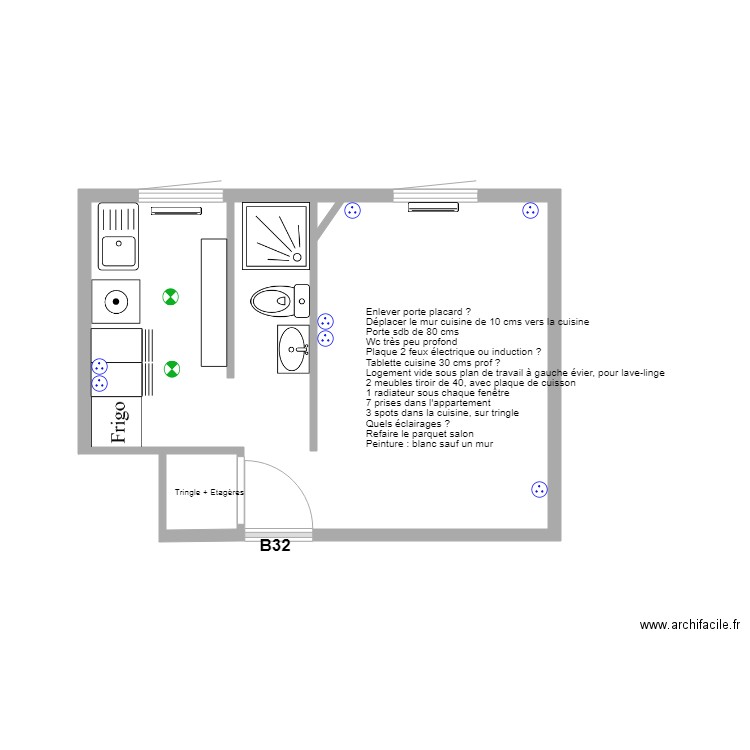 ROSIERS B32. Plan de 2 pièces et 19 m2