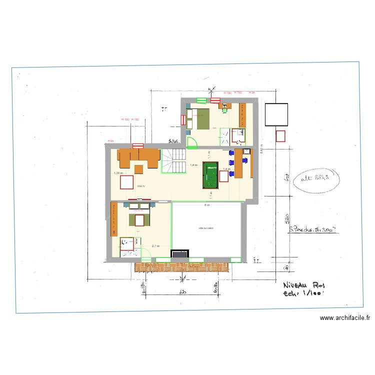 MEZZA SAMOENS + BILLARD + 2 CHAMBRES. Plan de 1 pièce et 4 m2