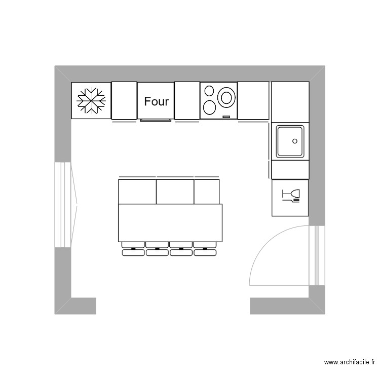 Cuisine en L avec îlot central. Plan de 0 pièce et 0 m2