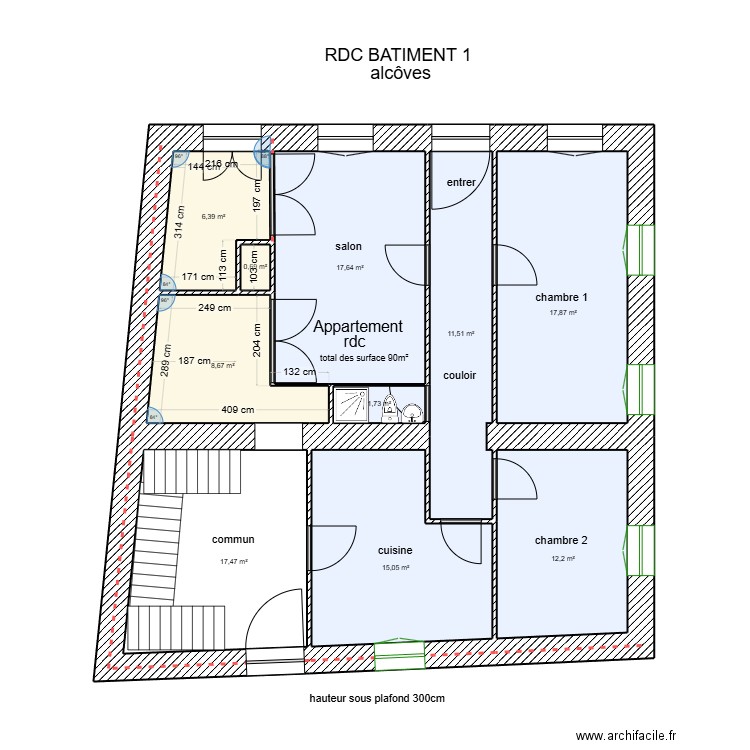 RDC Bâtiment 1 alcôves. Plan de 10 pièces et 109 m2