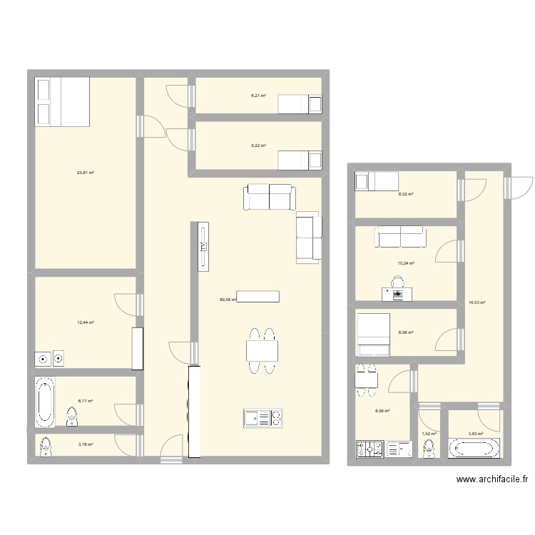 Moi et Suzanne. Plan de 12 pièces et 149 m2