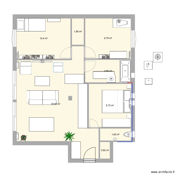 Version archi cuisine U DIFF. Plan de 8 pièces et 68 m2