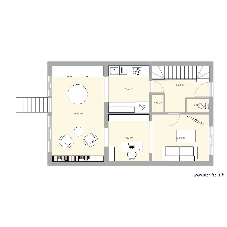 REZ DE CHAUS. Plan de 7 pièces et 56 m2