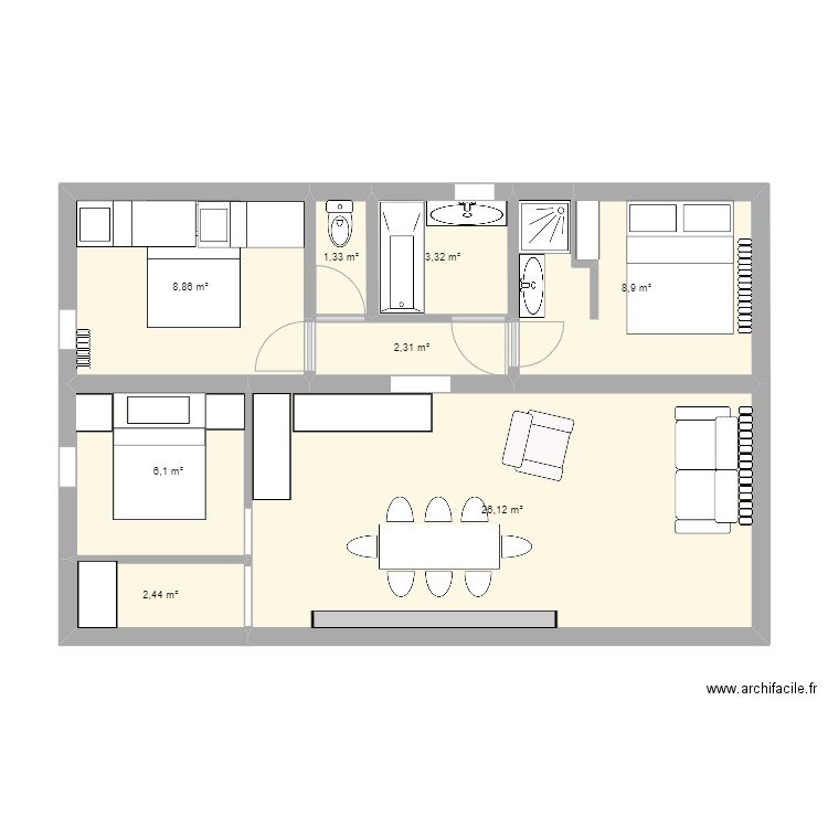 Ninja bis. Plan de 8 pièces et 59 m2