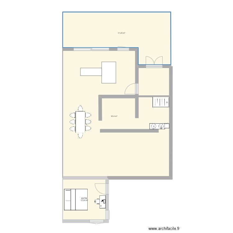 RDC. Plan de 3 pièces et 134 m2