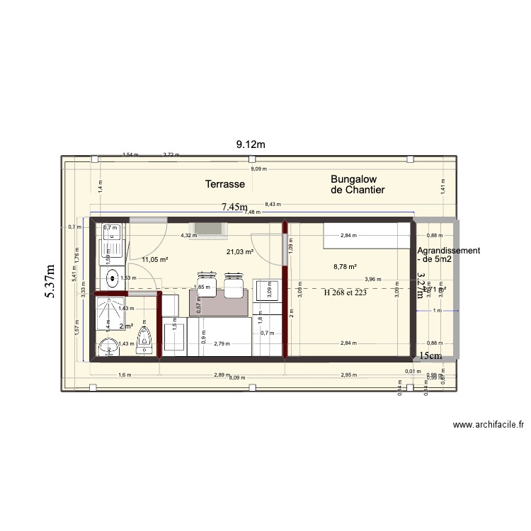 Bungalow. Plan de 5 pièces et 46 m2