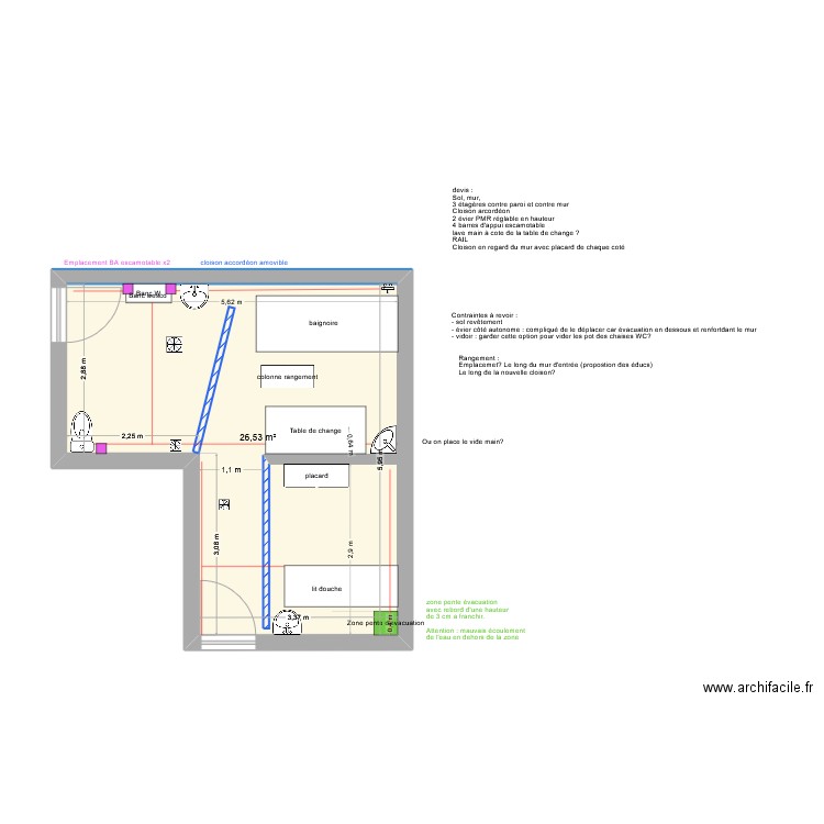 salle de bain internat V3. Plan de 1 pièce et 27 m2